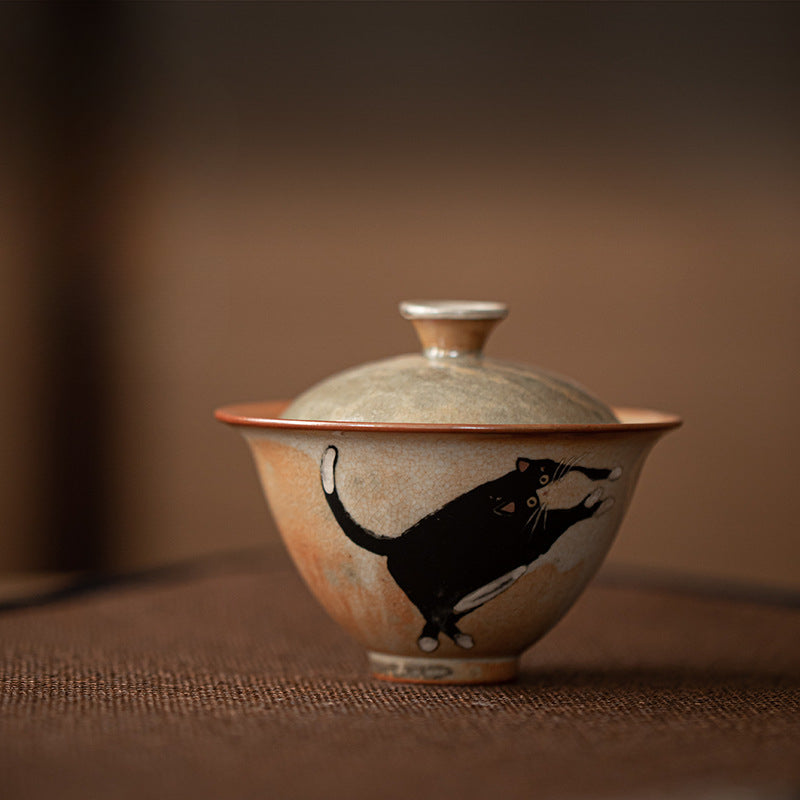 Gohobi Handmade Black Ink Hand-painted Cat Gaiwan 001