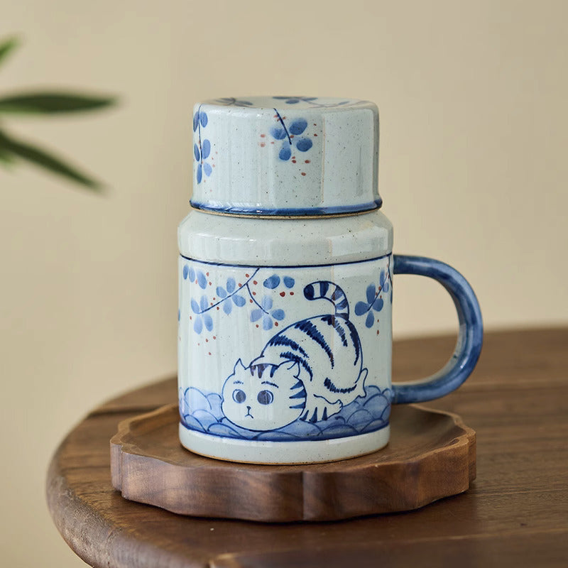 Tasse à café Gohobi peinte à la main en forme de chat Osmanthus bleu et blanc avec couvercle