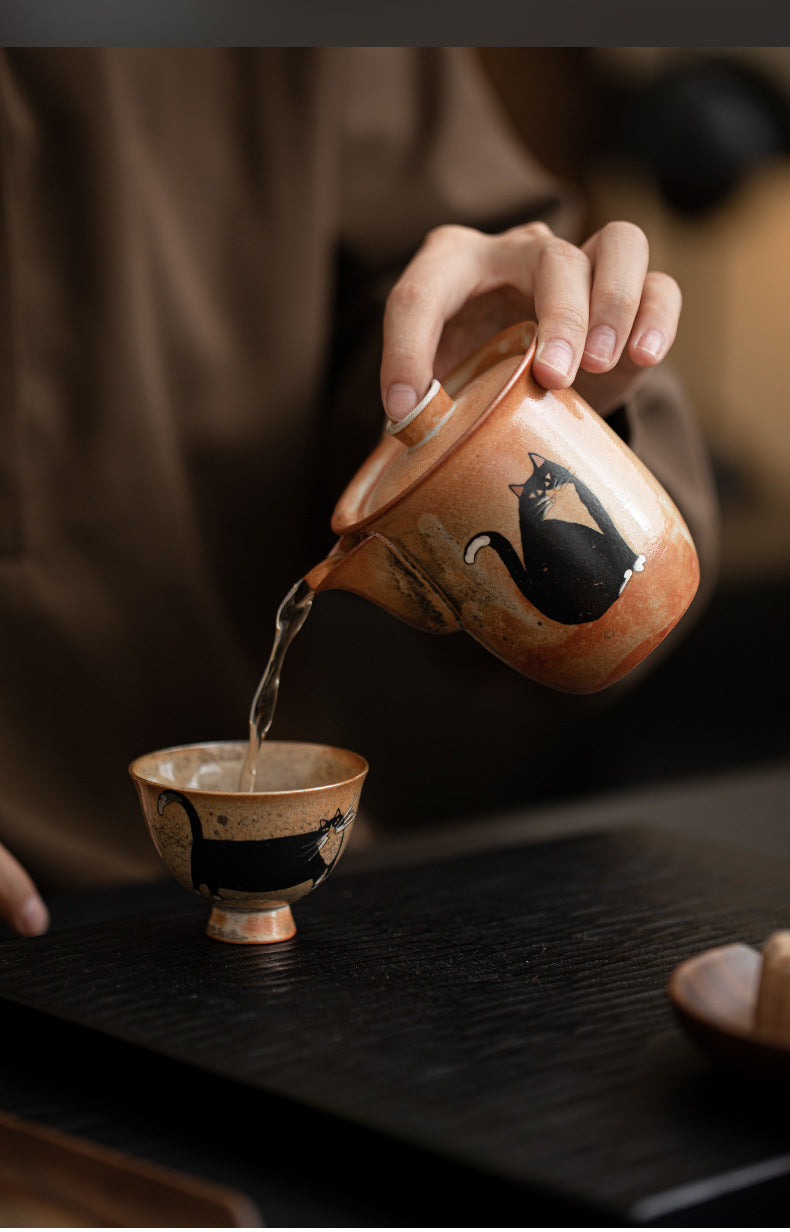 Gohobi Handmade Black Ink Hand-painted Cat Gaiwan 008 Hohin Teapot