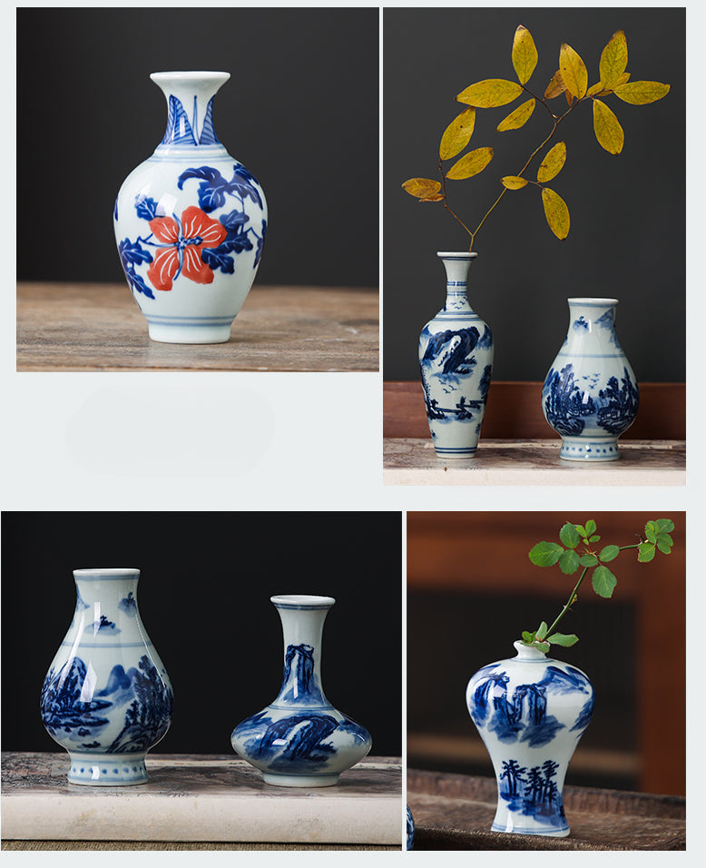 Vase en porcelaine bleu et blanc peint à la main Gohobi (eau et montagnes)