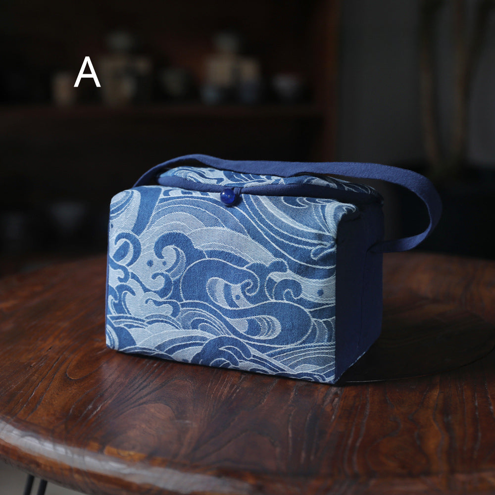 Gohobi Large Blue Wave Pattern Teaware Storage Travel Bag Shifuku