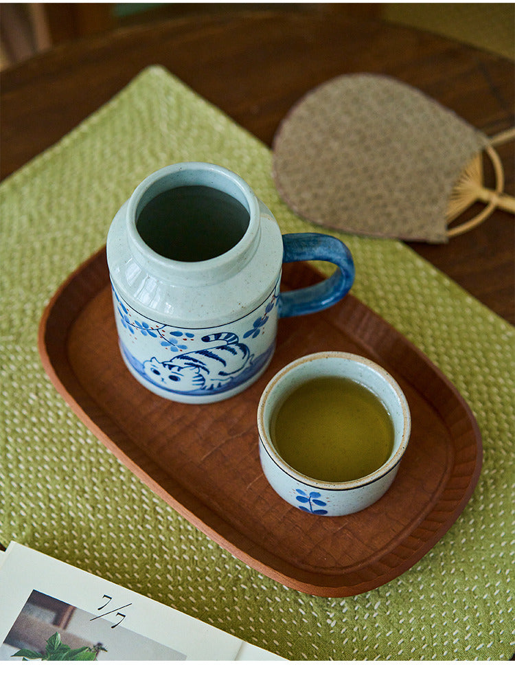 Tasse à café Gohobi peinte à la main en forme de chat Osmanthus bleu et blanc avec couvercle