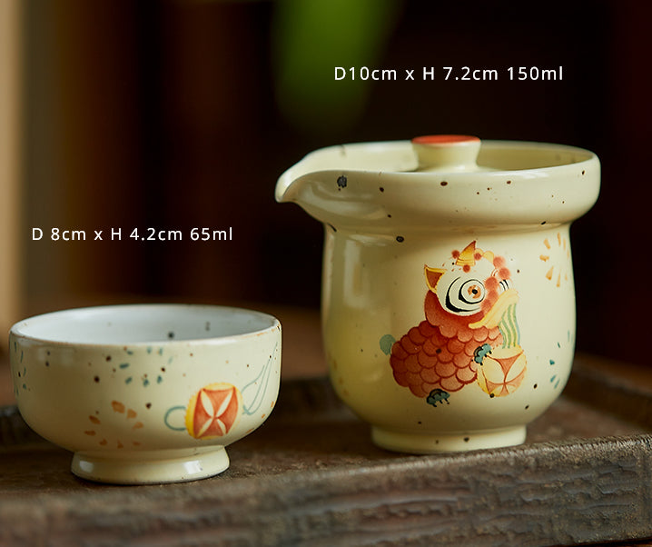 Gohobi Hand-painted Dance Lion Gaiwan Set Hohin Teapot