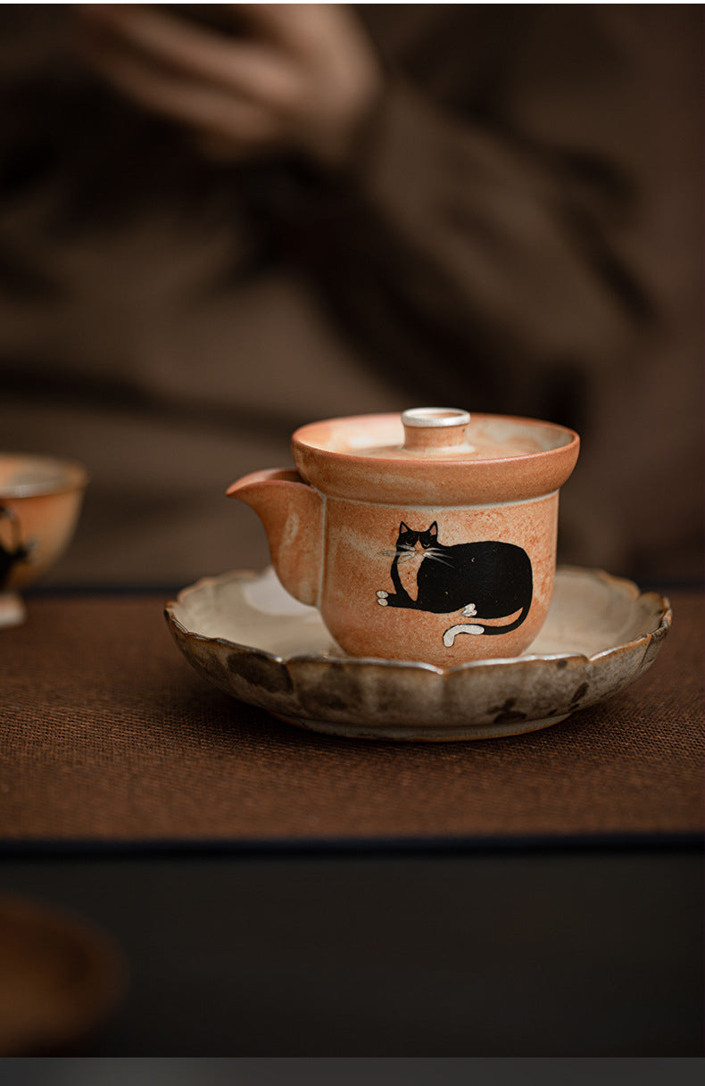 Gohobi Handmade Black Ink Hand-painted Cat Gaiwan 002 Hohin Teapot