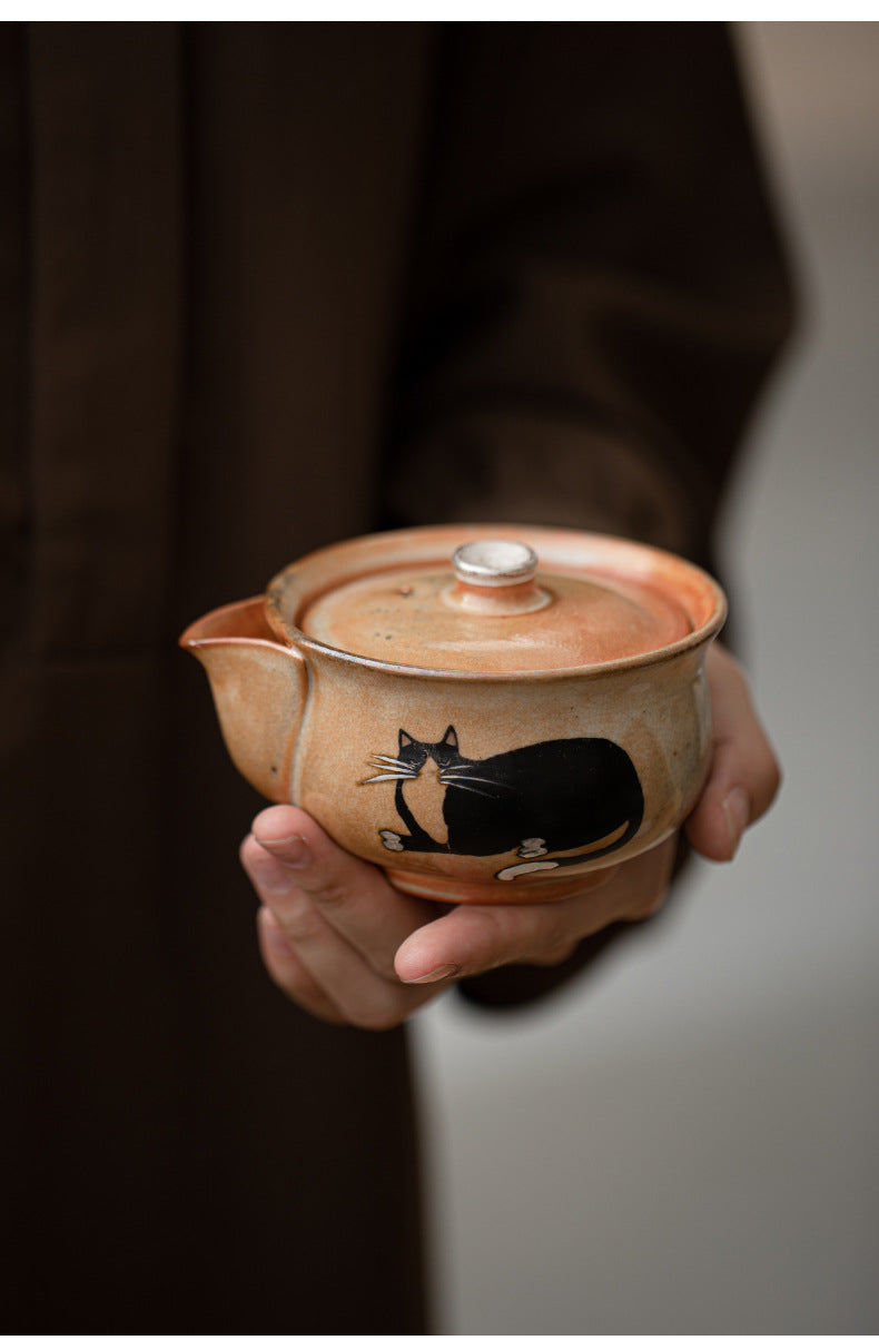 Gohobi Handmade Black Ink Hand-painted Cat Gaiwan 009 Hohin Teapot