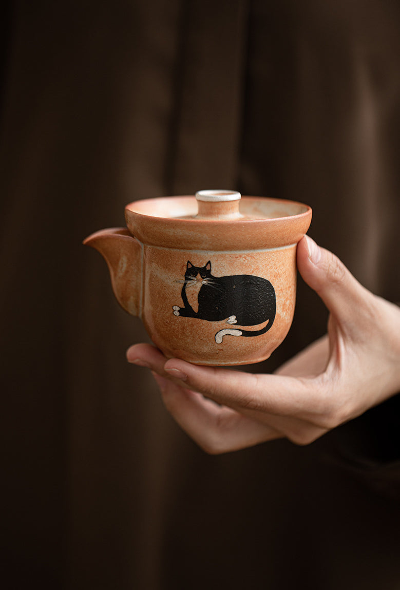 Gohobi Handmade Black Ink Hand-painted Cat Gaiwan 002 Hohin Teapot
