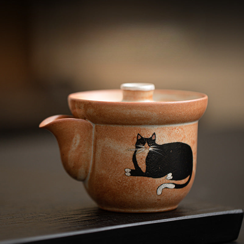 Gohobi Handmade Black Ink Hand-painted Cat Gaiwan 002 Hohin Teapot