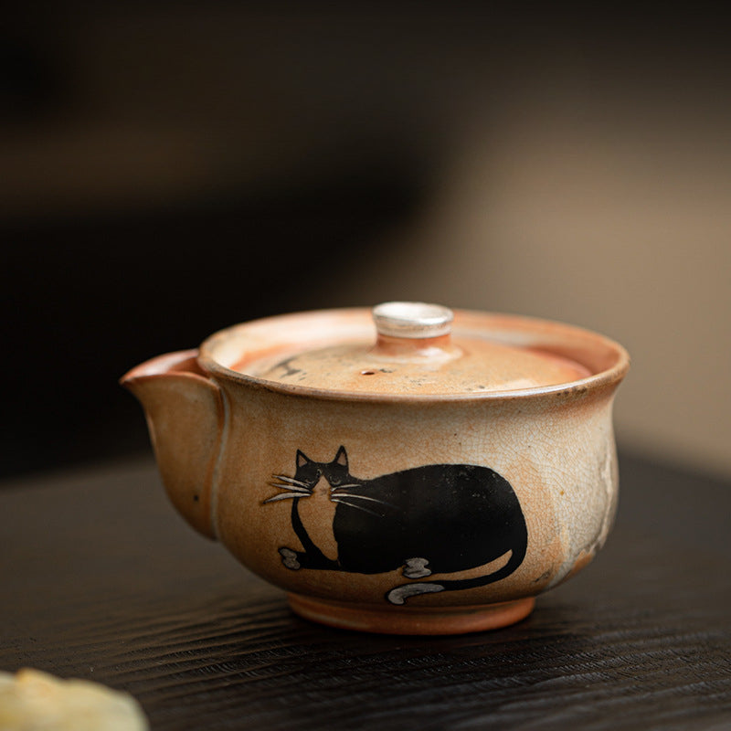 Gohobi Handmade Black Ink Hand-painted Cat Gaiwan 009 Hohin Teapot