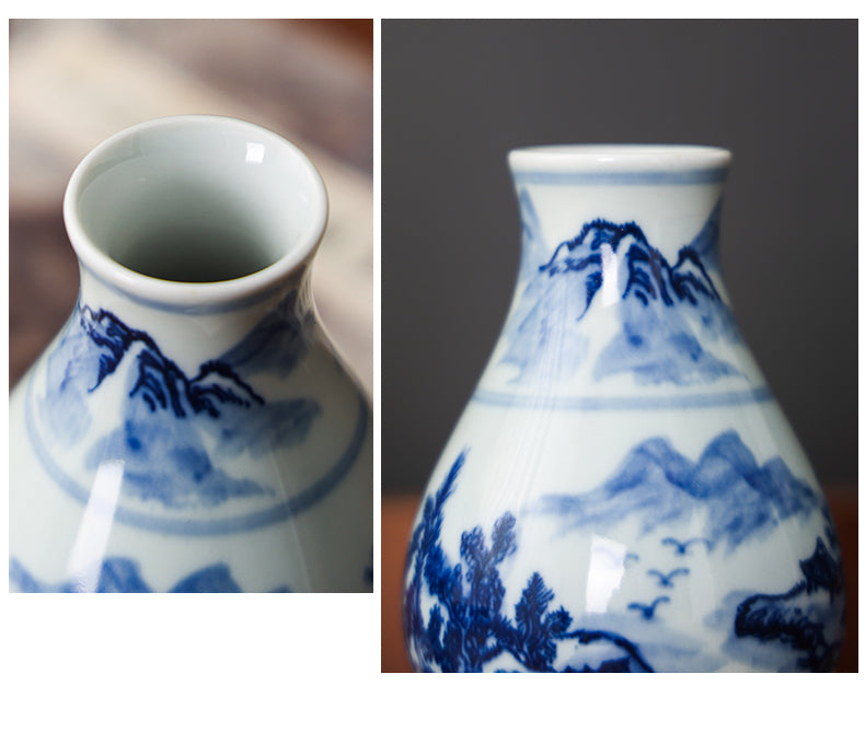 Vase en porcelaine bleu et blanc peint à la main Gohobi (eau et montagnes)