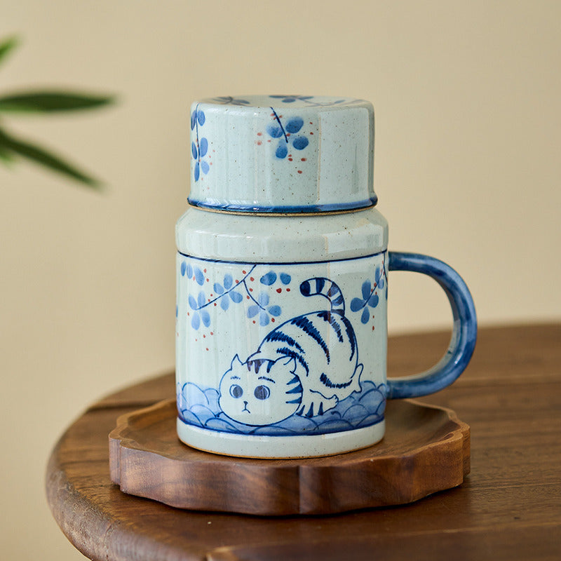 Tasse à café Gohobi peinte à la main en forme de chat Osmanthus bleu et blanc avec couvercle