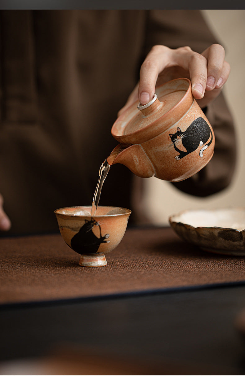 Gohobi Handmade Black Ink Hand-painted Cat Gaiwan 002 Hohin Teapot