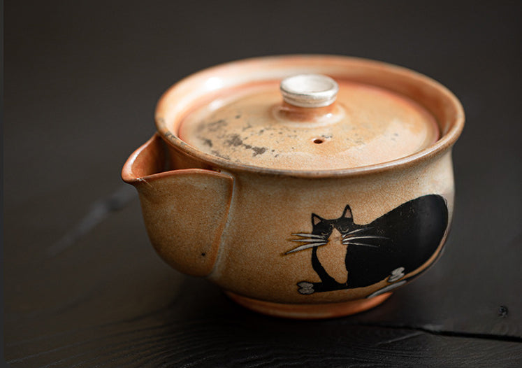 Gohobi Handmade Black Ink Hand-painted Cat Gaiwan 009 Hohin Teapot