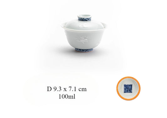 Blue and White Relief Carved Gaiwan – Sea Beast Motif, Handcrafted Porcelain Tea Bowl with Lid