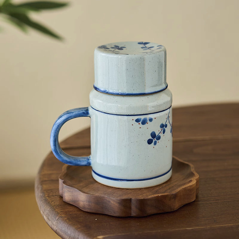 Tasse à café Gohobi peinte à la main en forme de chat Osmanthus bleu et blanc avec couvercle