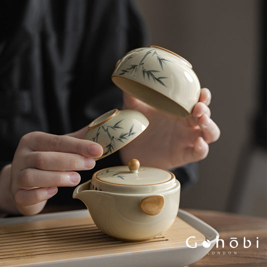 Gohobi Plant Ash Hand-Painted Travel Tea Set – Portable Gaiwan Set with Two Cups