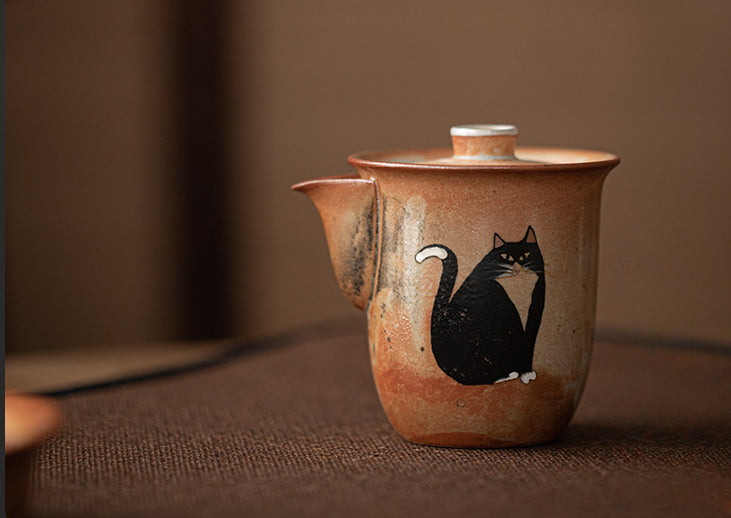 Gohobi Handmade Black Ink Hand-painted Cat Gaiwan 008 Hohin Teapot