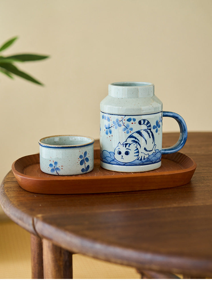 Tasse à café Gohobi peinte à la main en forme de chat Osmanthus bleu et blanc avec couvercle