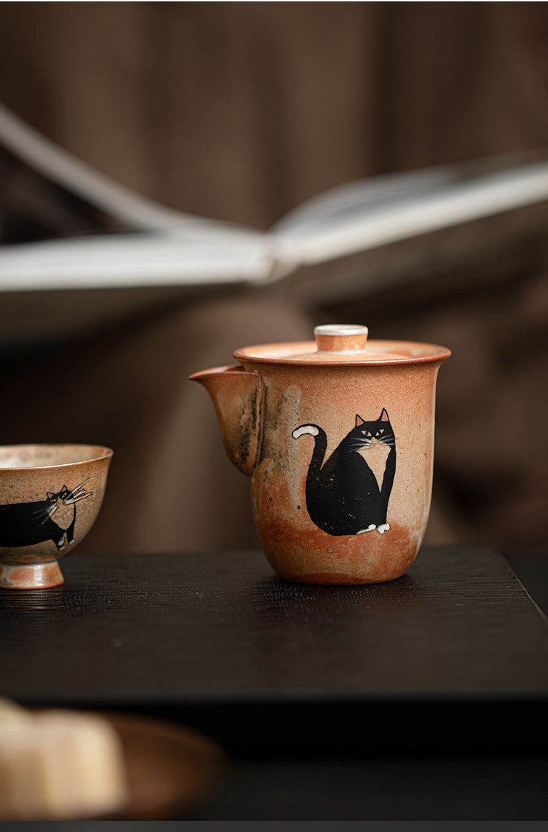 Gohobi Handmade Black Ink Hand-painted Cat Gaiwan 008 Hohin Teapot