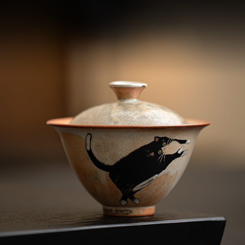 Gohobi Handmade Black Ink Hand-painted Cat Gaiwan 001