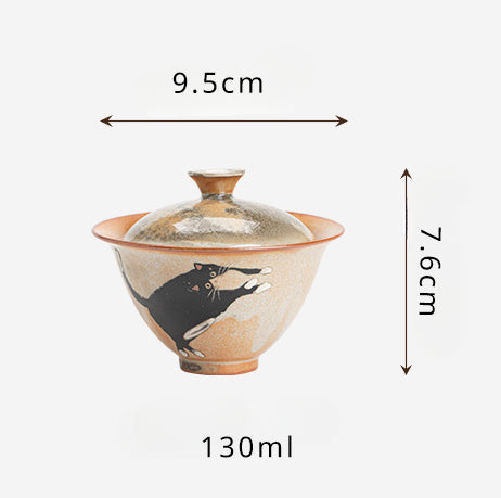 Gohobi Handmade Black Ink Hand-painted Cat Gaiwan 001