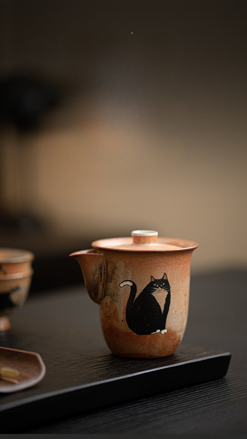 Gohobi Handmade Black Ink Hand-painted Cat Gaiwan 008 Hohin Teapot