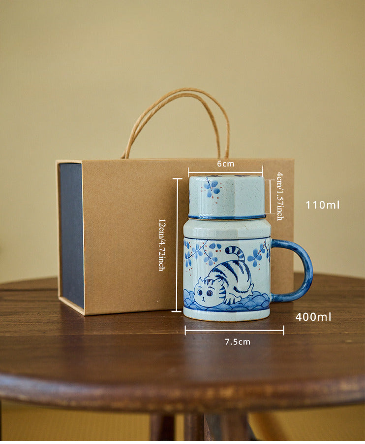 Tasse à café Gohobi peinte à la main en forme de chat Osmanthus bleu et blanc avec couvercle