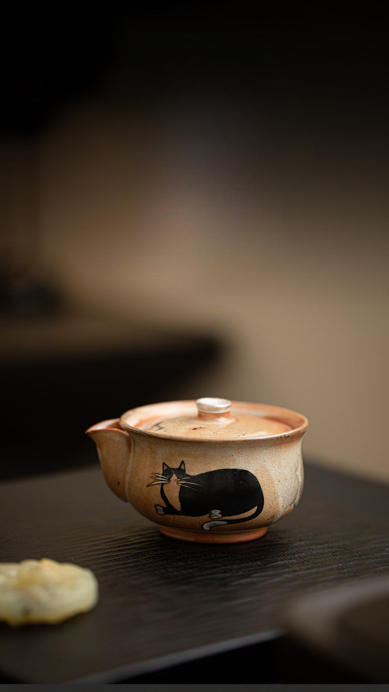 Gohobi Handmade Black Ink Hand-painted Cat Gaiwan 009 Hohin Teapot