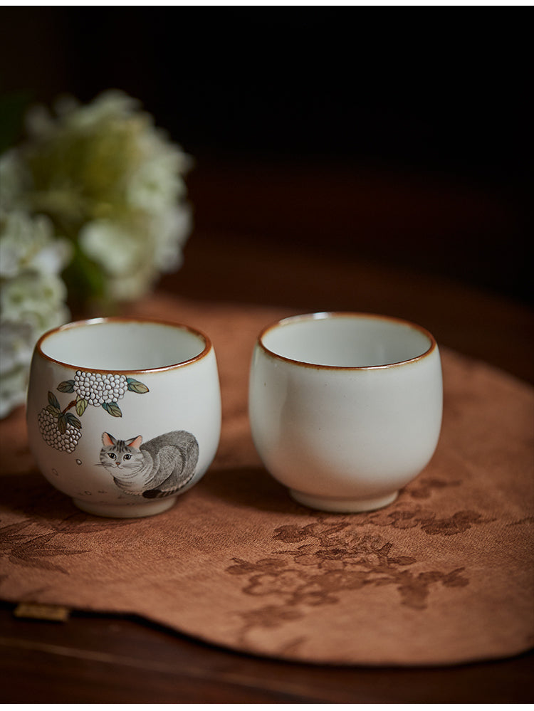 Gohobi Hand-painted Grey Cat Hydrangeas Ceramic Tea Cup