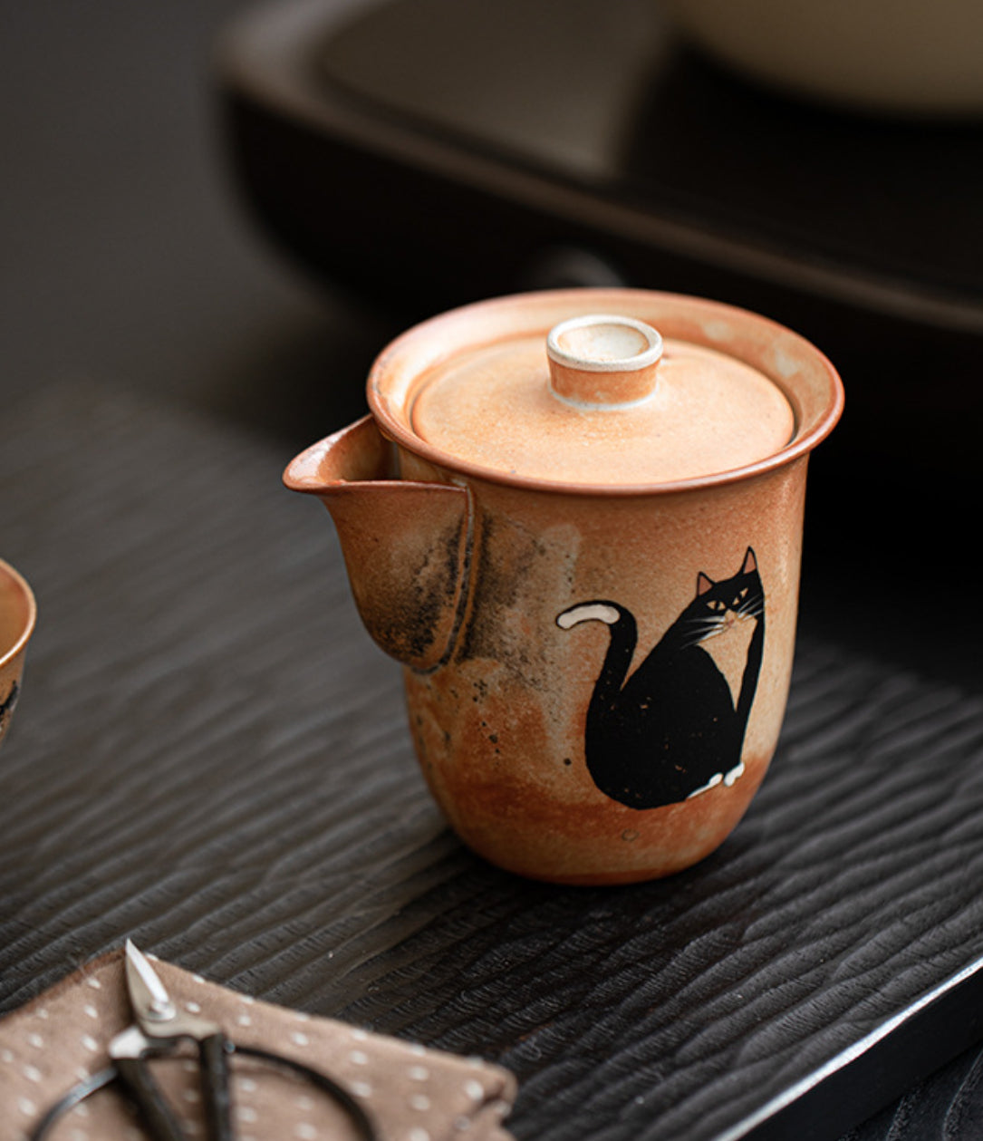 Gohobi Handmade Black Ink Hand-painted Cat Gaiwan 008 Hohin Teapot