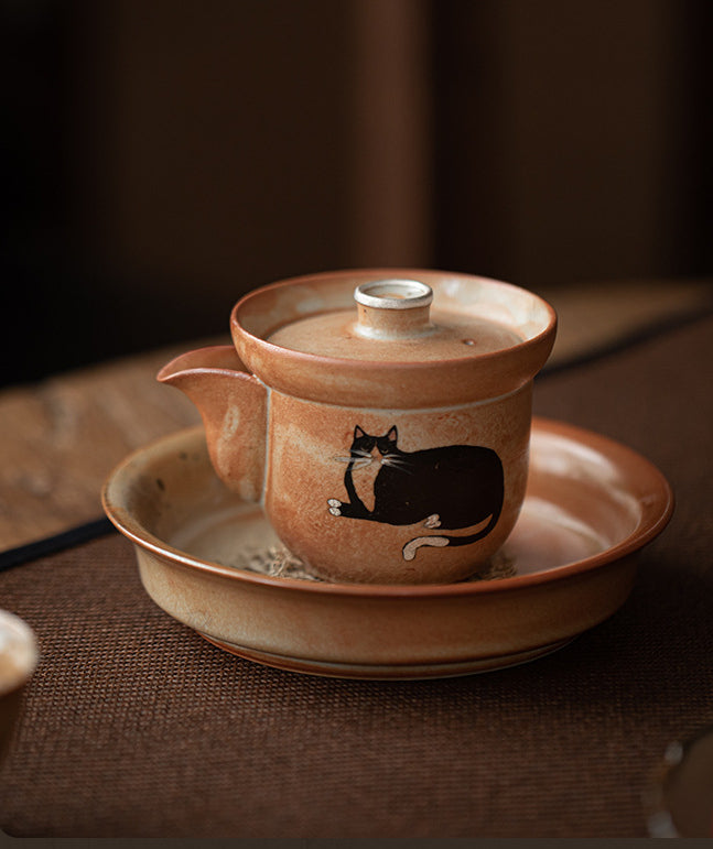 Gohobi Handmade Black Ink Hand-painted Cat Gaiwan 002 Hohin Teapot