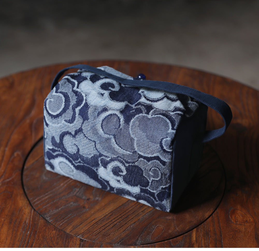 Gohobi Large Blue Wave Pattern Teaware Storage Travel Bag Shifuku