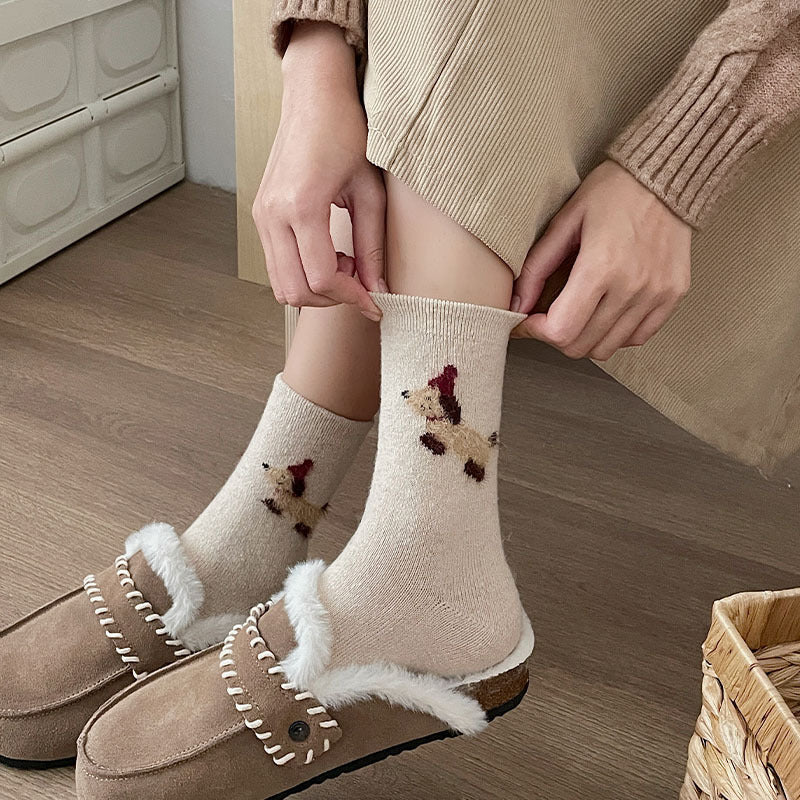 Gohobi Fleece-Lined Puppy Print Winter Women Socks