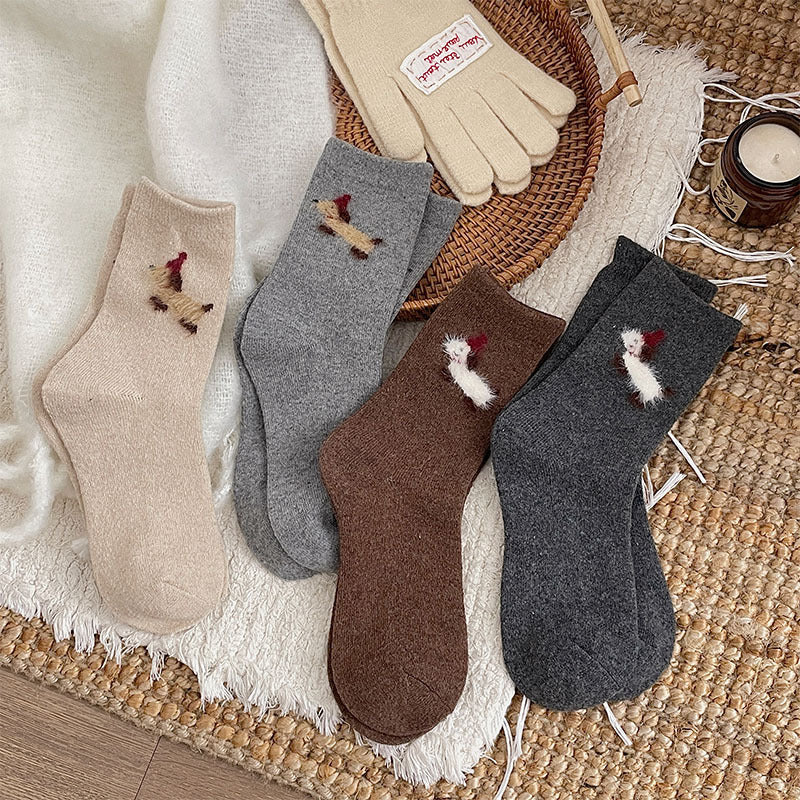 Gohobi Fleece-Lined Puppy Print Winter Women Socks