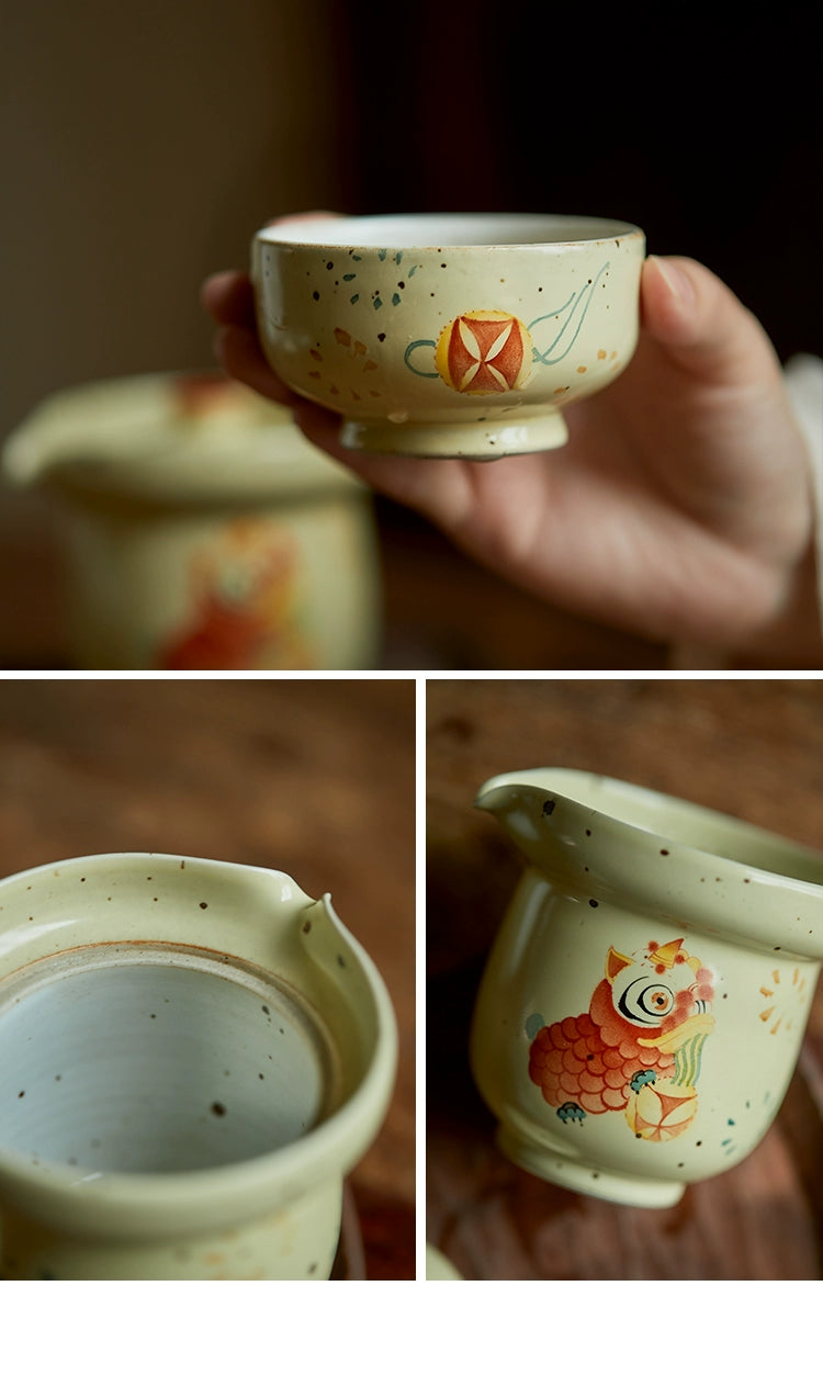 Gohobi Hand-painted Dance Lion Gaiwan Set Hohin Teapot