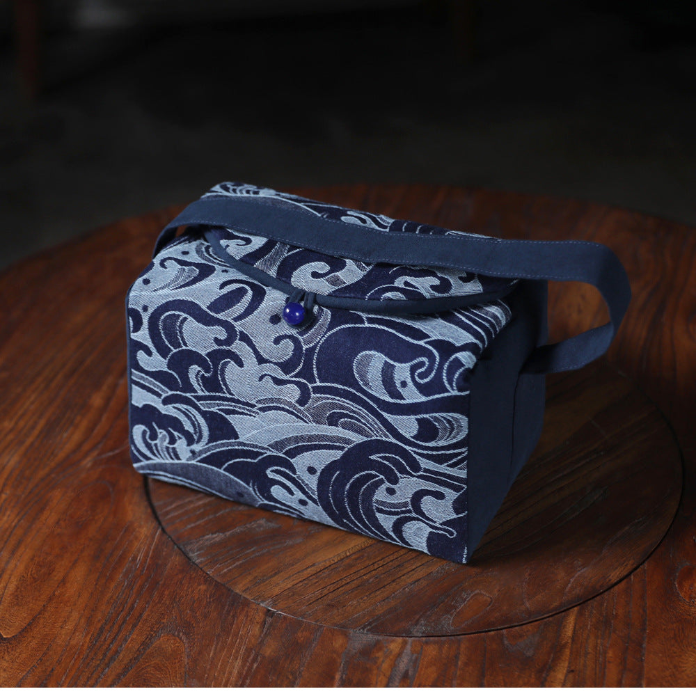 Gohobi Large Blue Wave Pattern Teaware Storage Travel Bag Shifuku