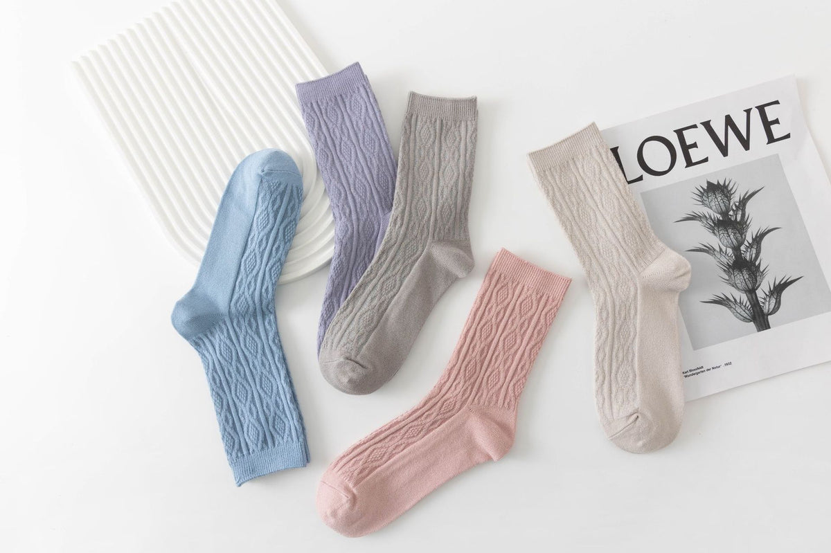 Women's Mid-Calf Cotton Socks - Double-Needle Rabbit Fur Socks