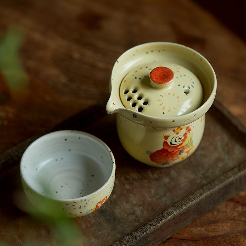 Gohobi Hand-painted Dance Lion Gaiwan Set Hohin Teapot