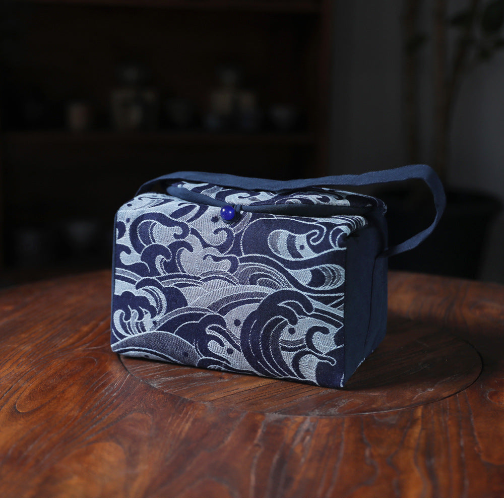 Gohobi Large Blue Wave Pattern Teaware Storage Travel Bag Shifuku