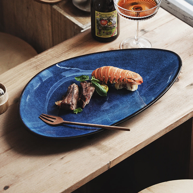 Gohobi Japanese Kiln-Glazed Irregular Oval Plate