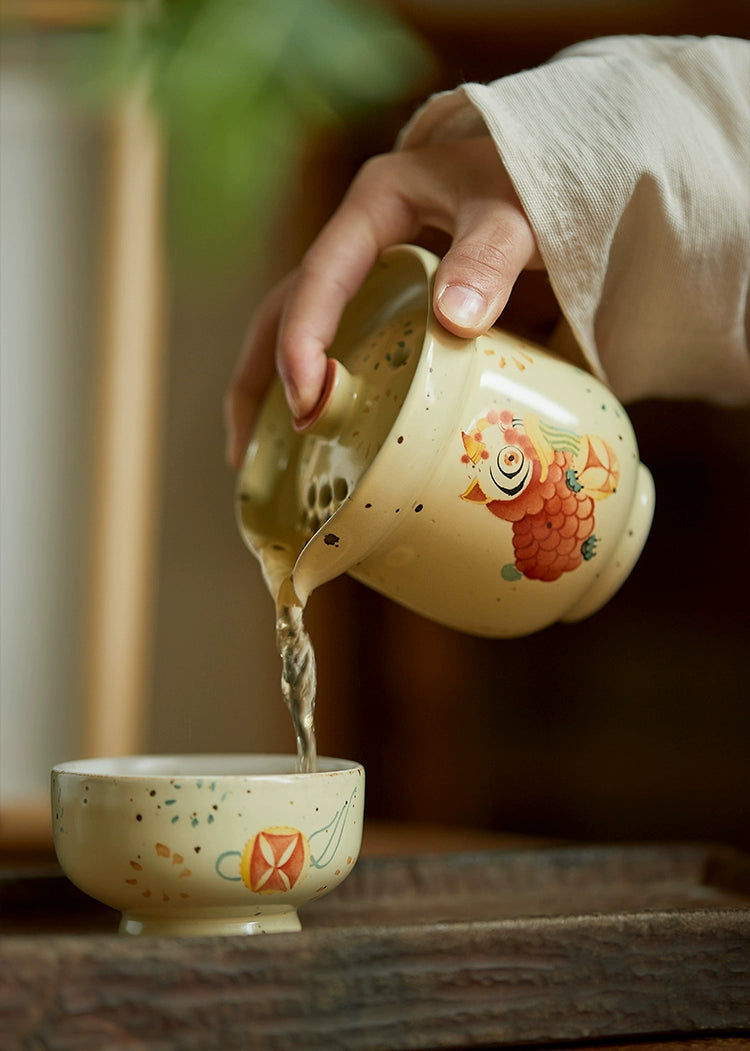 Gohobi Hand-painted Dance Lion Gaiwan Set Hohin Teapot