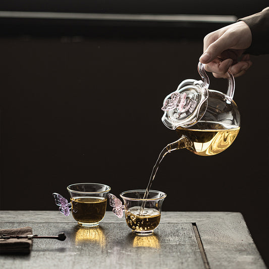 Gohobi Butterfly High Borosilicate Glass Tea Cup and Teapot Set – Heat-Resistant Transparent Gongfu Tea Set for Home and Office
