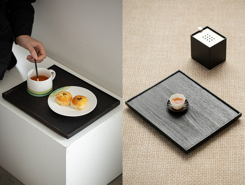 Plateau rectangulaire en bois noir de style japonais Gohobi Wabi-Sabi 005