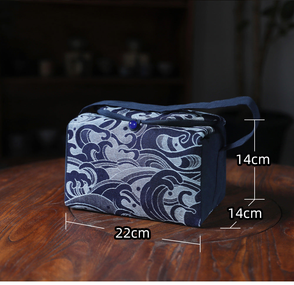 Gohobi Large Blue Wave Pattern Teaware Storage Travel Bag Shifuku
