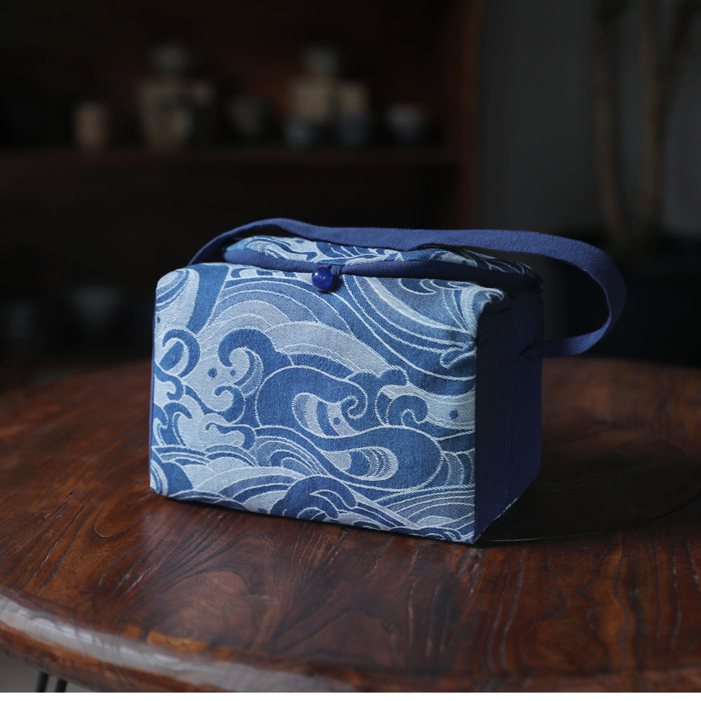 Gohobi Large Blue Wave Pattern Teaware Storage Travel Bag Shifuku