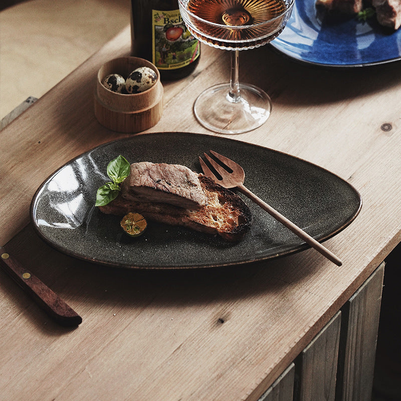 Gohobi Japanese Kiln-Glazed Irregular Oval Plate