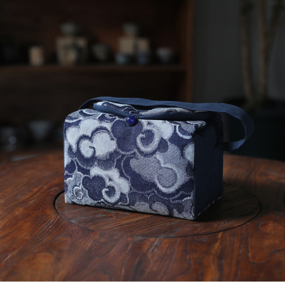 Gohobi Large Blue Wave Pattern Teaware Storage Travel Bag Shifuku