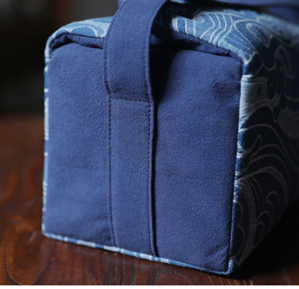 Gohobi Large Blue Wave Pattern Teaware Storage Travel Bag Shifuku