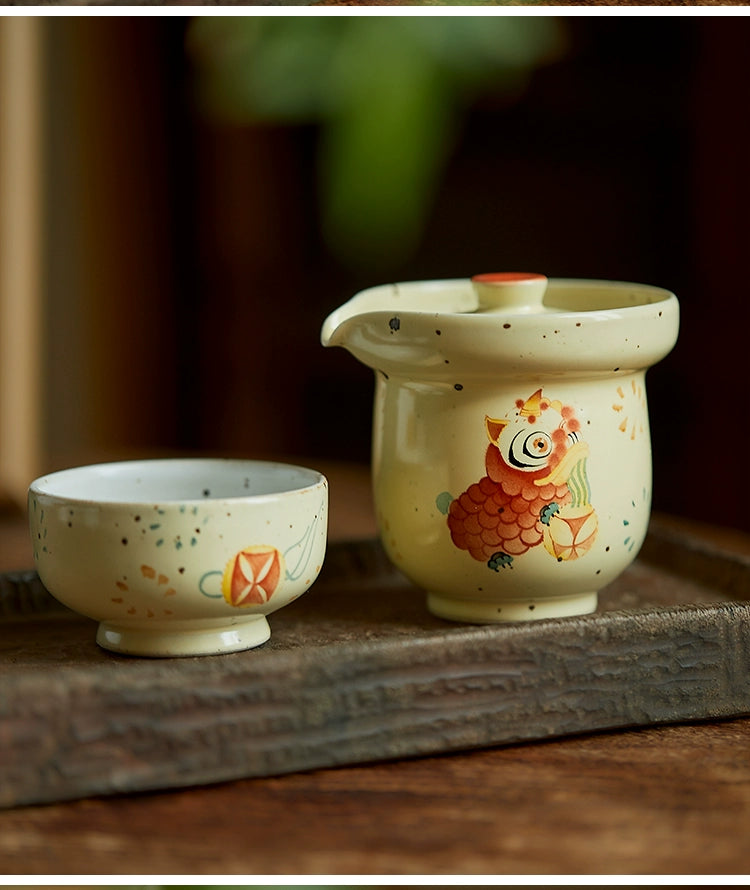Gohobi Hand-painted Dance Lion Gaiwan Set Hohin Teapot