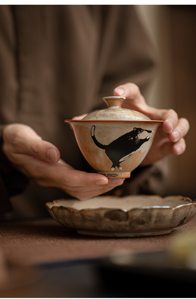 Gohobi Handmade Black Ink Hand-painted Cat Gaiwan 001