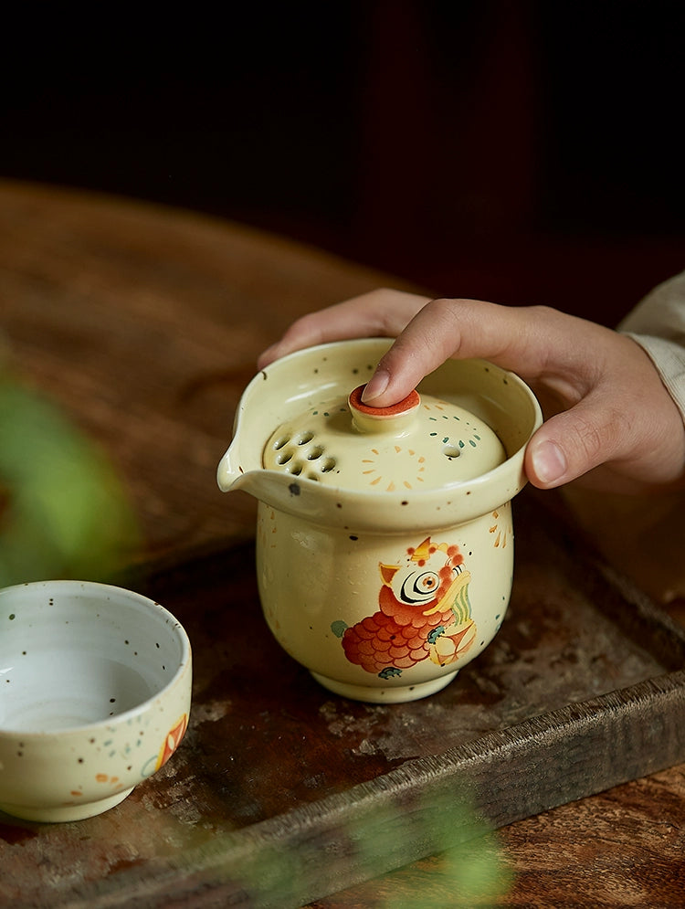 Gohobi Hand-painted Dance Lion Gaiwan Set Hohin Teapot